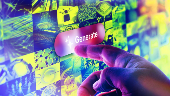 Hand touches a generate AI video button.