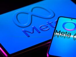 The Meta AI logo is displayed on a mobile phone with the Meta logo visible on a tablet