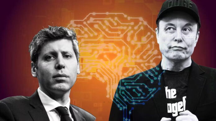 Montage of Musk and Altman superimposed over a image of a brain