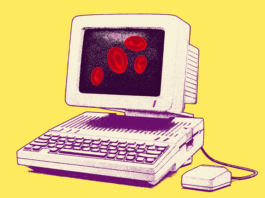 A drawing of a computer with red blood cells displayed on the screen