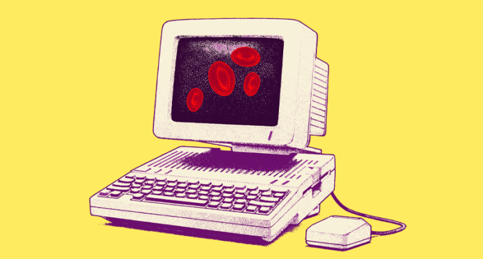 A drawing of a computer with red blood cells displayed on the screen
