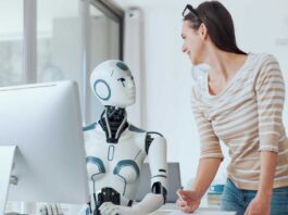 Robot, Human Female, Desk, Computer, Interaction