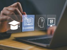 Online education and e-learning concepts. A man interacts with e-learning icons virtually, signifying modern online education methods. learning online webinar, video tutorials, training study course