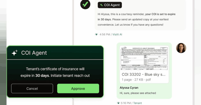 68bf475df0aa56df78610284-visitt_ai_agent_tenant_coi_communications.png This AI Agent Automates and Streamlines Certificate of Insurance (COI) Management and Compliance