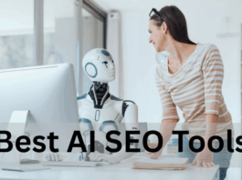 A woman stands beside a humanoid robot at a desk with a computer; text reads "Best AI SEO Tools.