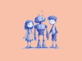 A robot holding hands with a teen boy and teen girl