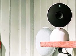 Nest Cam (indoor, wired) on bookshelf