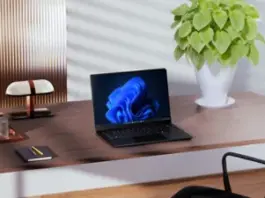 An open laptop displaying a Windows bloom background sits on a wooden desk alongside a lamp, notebook, and plants