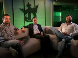 DraftKings cofounders (left to right) Paul Liberman, Jason Robins, and Matt Kalish in the company’s production studio in 2022.  