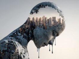 A digital figure with a city in its head symbolizes the WOPR Act 2025 ban on AI therapy tools