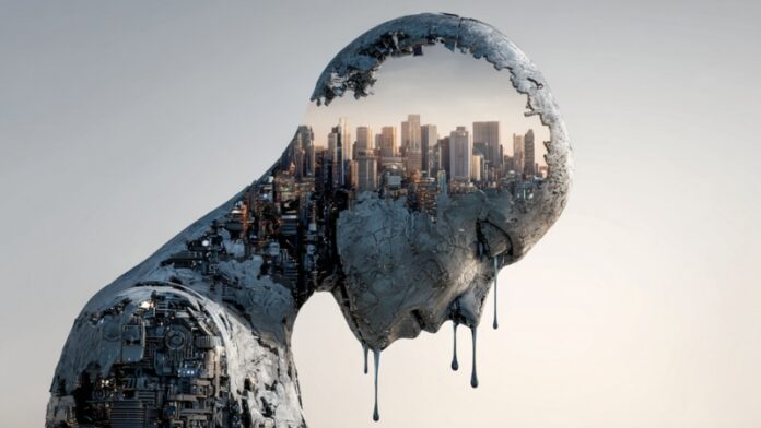 A digital figure with a city in its head symbolizes the WOPR Act 2025 ban on AI therapy tools