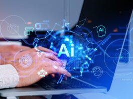 Businessman fingers typing on laptop keyboard, AI hologram with chatbot and online communication, tech lines and connection