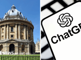 A composite image. On the left is the Radcliffe camera in Oxford, on the right is a phone saying 'ChatGPT'.
