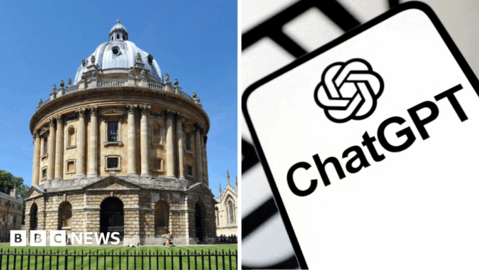 c36cf630-956c-11f0-b391-6936825093bd.png A composite image. On the left is the Radcliffe camera in Oxford, on the right is a phone saying 'ChatGPT'.