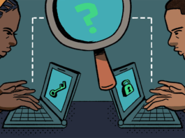 People communicating on devices with encryption, art by Chelsea Saunders