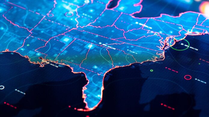 gettyimages-1386415170.jpg An image of a map of the US east cost in neon blue and pink gettyimages-1386415170