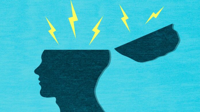 A concept image of stress, showing a person&apos;s head opening up and lightning bolts shooting out (gettyimages-2180038994)