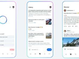 Official press screenshots of the new Meta AI app, showing the Home feed with Meta AI prompts, the History feed of your past queries, and a Discover tab of public, popular queries from other users.