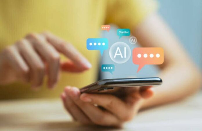 image_1465218715.jpg Hand using smartphone and chatting with chatbot application, shows message speech bubbles digital screen of social media notifications. Ai (Artificial Intelligence) technology concept.