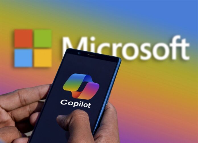 Dhaka, Bangladesh - 08 January 2024 : Microsoft Copilot Ai logo on smartphone with bg Microsoft logo.