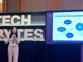 Ji Eun Chung, CEO of CODIT, delivers a presentation on AI-driven regulatory compliance innovations to government officials and policy leaders during a speech session at the TechLaw Fest event.