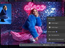 a Photoshop project showing a woman below a neon sign and a mouse cursor highlighting the new AI models available