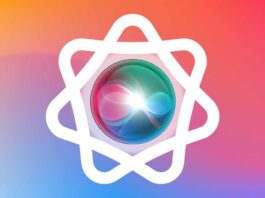 Siri orb logo inside apple intelligence logo against a purple red and orange background