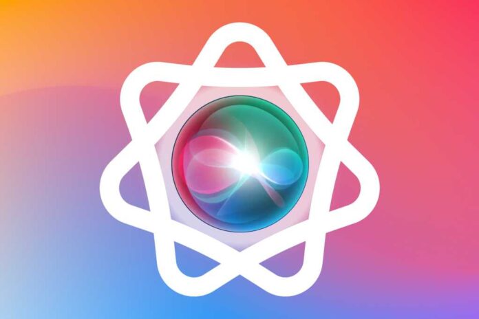 Siri orb logo inside apple intelligence logo against a purple red and orange background