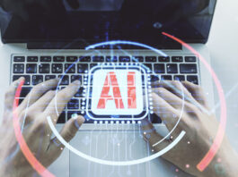 Double exposure of creative artificial Intelligence abbreviation with hand typing on computer keyboard on background. 
