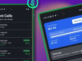 Call history and earnings tracking screens from a mobile app for online income and referral earning payout insights.