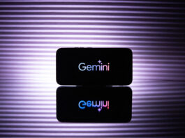 Google Gemini AI logo and branding picture on a smartphone screen.