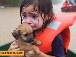 An AI-generated image of a young girl wearing a life vest holding a puppy during a flood
