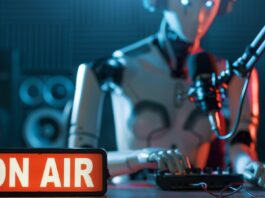 Humanoid AI robot working at the radio station studio, using NotebookLM