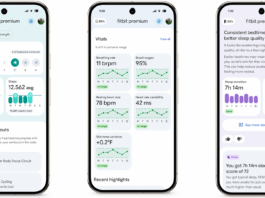Three Fitbit app screenshots for the new Personal Health Coach Public Preview, each focused on one tab: Fitness, Sleep, and Health, with relevant widgets for each.