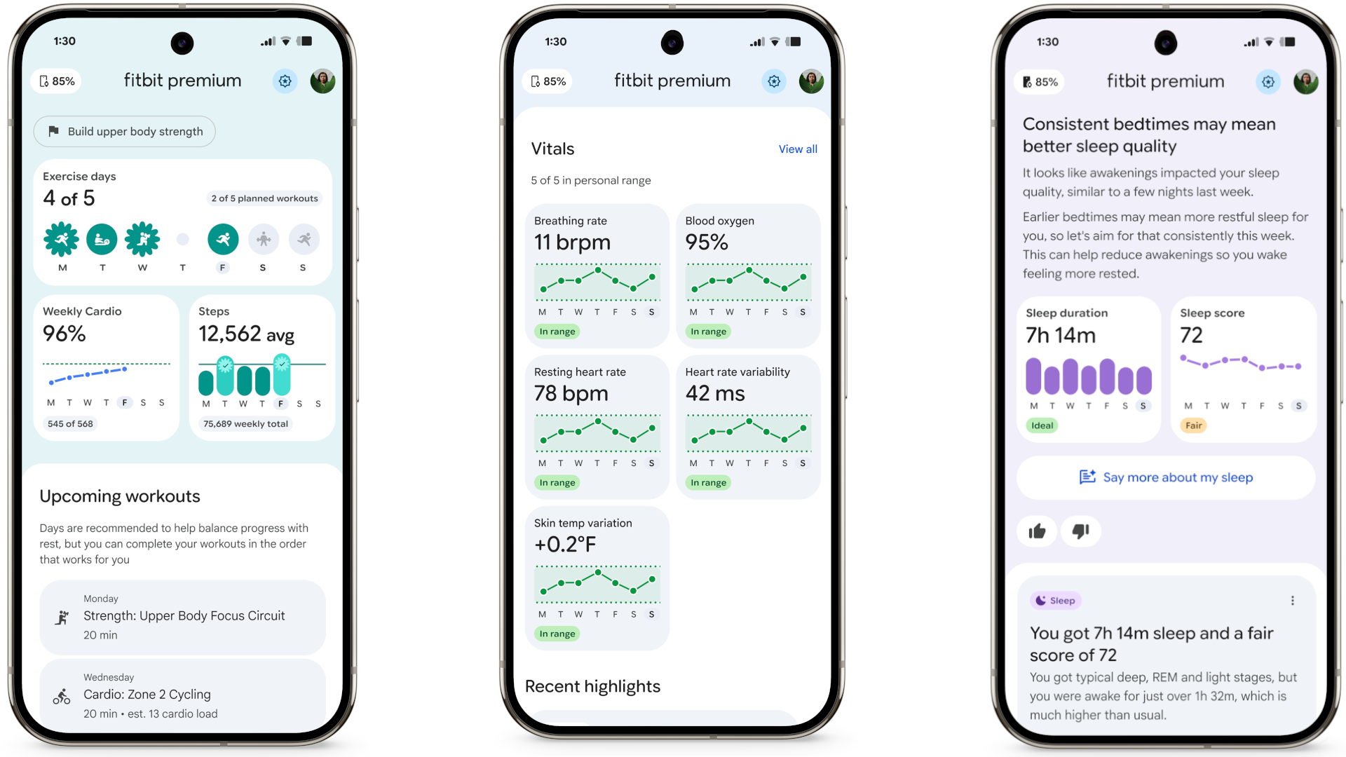 2VJiqY2FLyXLBcWm7QzyKD-1920-80.png Three Fitbit app screenshots for the new Personal Health Coach Public Preview, each focused on one tab: Fitness, Sleep, and Health, with relevant widgets for each.