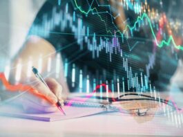 Colorful multi-exposure of person's hands making notes with forex graph hologram. Technical documentation, data analysis, generative AI..