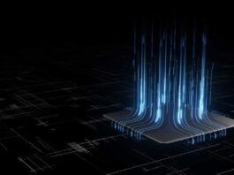 3D Rendering of digital binary data on microchip with glow circuit board background. Concept of for deep machine learning, crypto currency, hi tech product uses. Big data visualization, cpu processing