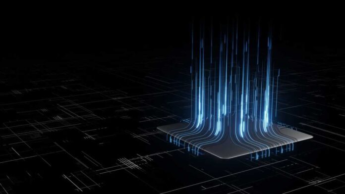 3D Rendering of digital binary data on microchip with glow circuit board background. Concept of for deep machine learning, crypto currency, hi tech product uses. Big data visualization, cpu processing