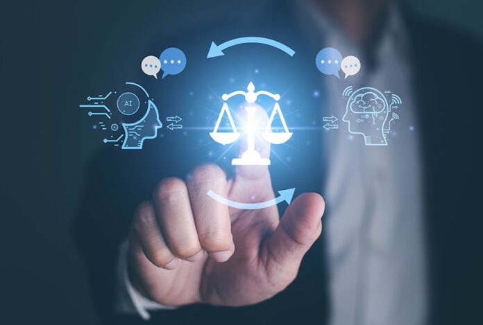 A hand points to a holographic image of scales of justice with the outlines of two heads on either side, one with the letters AI within it