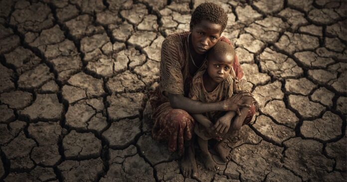 AI-generated-poverty-photo.jpg A woman and a young child sit closely together on parched, cracked earth, both looking up with somber expressions. The barren, dry ground emphasizes a sense of hardship and drought.