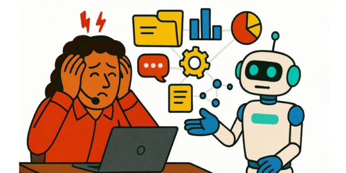 AI-giving-a-call-center-at-a-desk-a-headache-from-all-the-information.jpg call center agent burnout