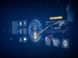 Dependable AI Agents Futuristic digital interface showing AI agent hologram with businessman interaction,