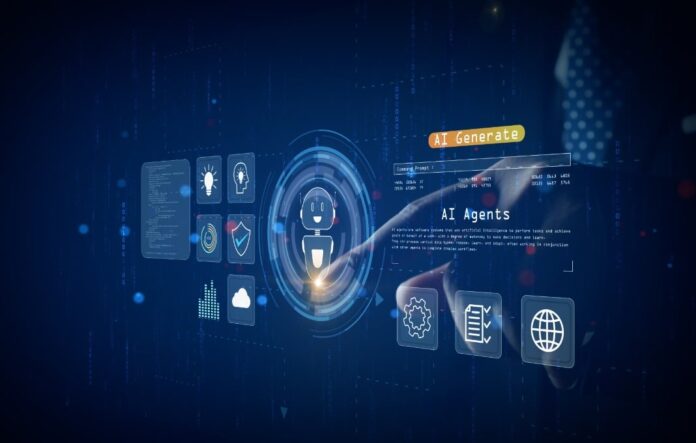 AdobeStock_1629026943.jpg Futuristic digital interface showing AI agent hologram with businessman interaction,