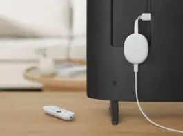 The Chromecast with Google TV HD looks the same as the flagship Chromecast with Google TV, but has fewer internal bells and whistles. (Courtesy image, Graphic by The Desk)