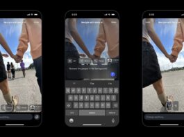 Three phone screens display an image editing app. The edited photo shows two people holding hands; the middle screen shows text input to remove background people, and the last screen shows those people removed from the image.