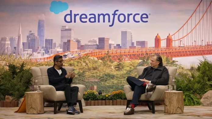 Google-CEO-Sundar-Pichai.png Google CEO Sundar Pichai also talked to Sales CEO Mark Benioff about the tech giant's AI hub in India.