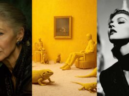 A triptych: left, an elderly woman with gray hair and blue eyes gazes thoughtfully; center, a surreal yellow room with lizards and yellow-dressed figures; right, a glamorous woman poses in vintage black-and-white style.