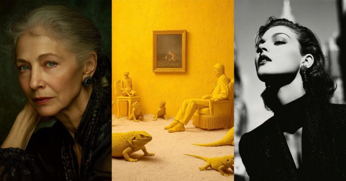 Midjourney-Imitates.jpg A triptych: left, an elderly woman with gray hair and blue eyes gazes thoughtfully; center, a surreal yellow room with lizards and yellow-dressed figures; right, a glamorous woman poses in vintage black-and-white style.