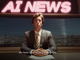 A news anchor behind a desk under a neon sign that says &quot;AI News&quot;