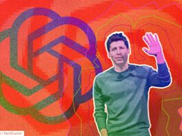 An illustration of Sam Altman in front of the OpenAI logo